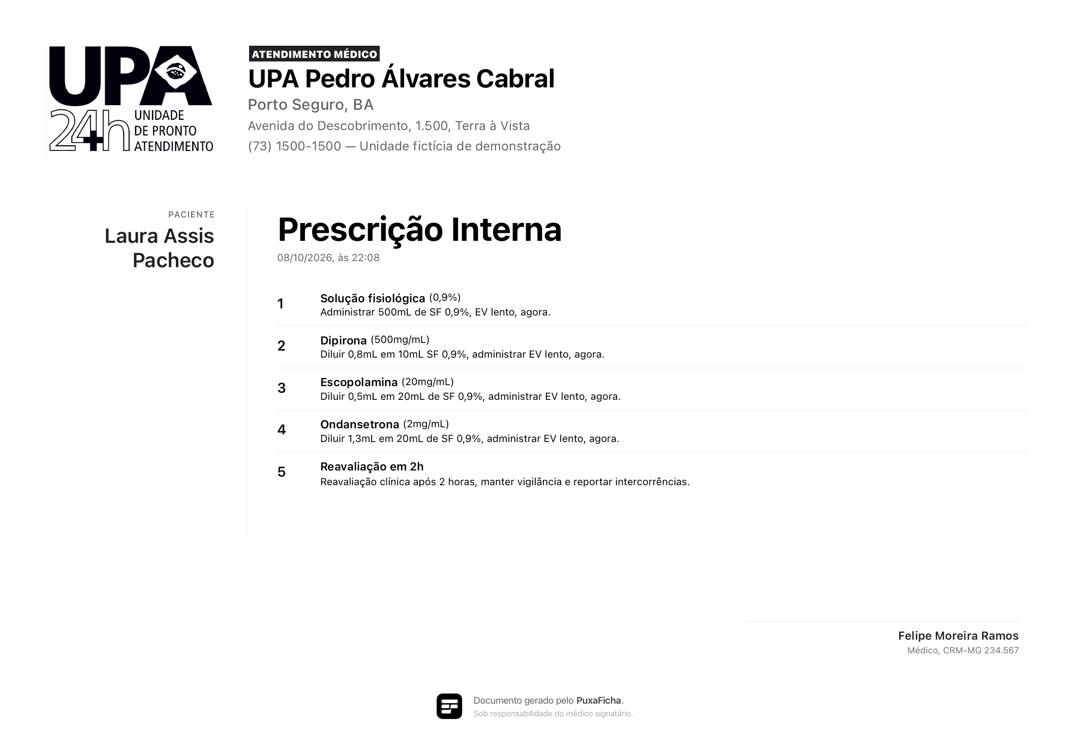 Prescrição interna gerada no PuxaFicha com o cabeçalho da unidade.