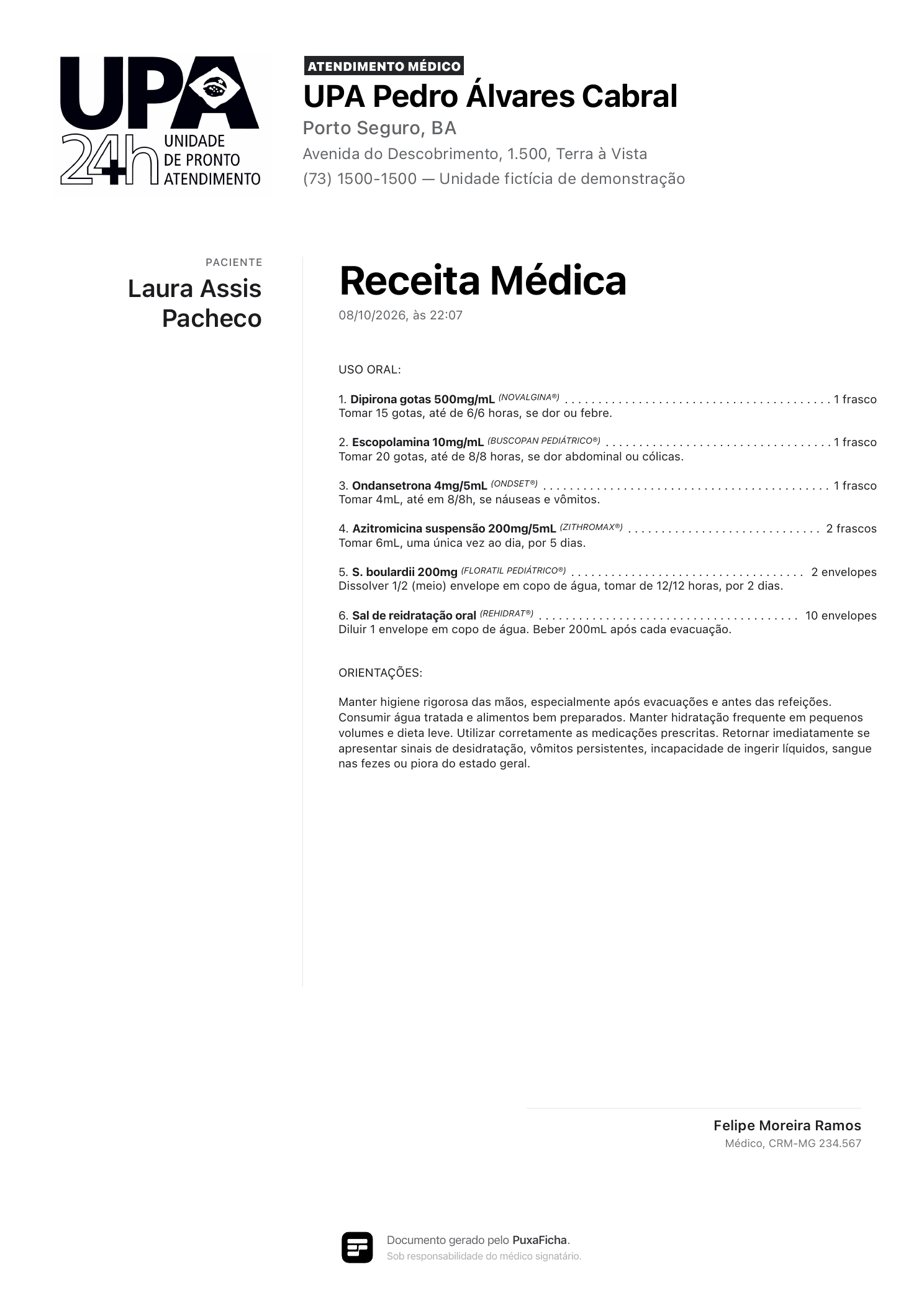 Receita médica gerada no PuxaFicha com o cabeçalho da unidade e o CRM do médico.