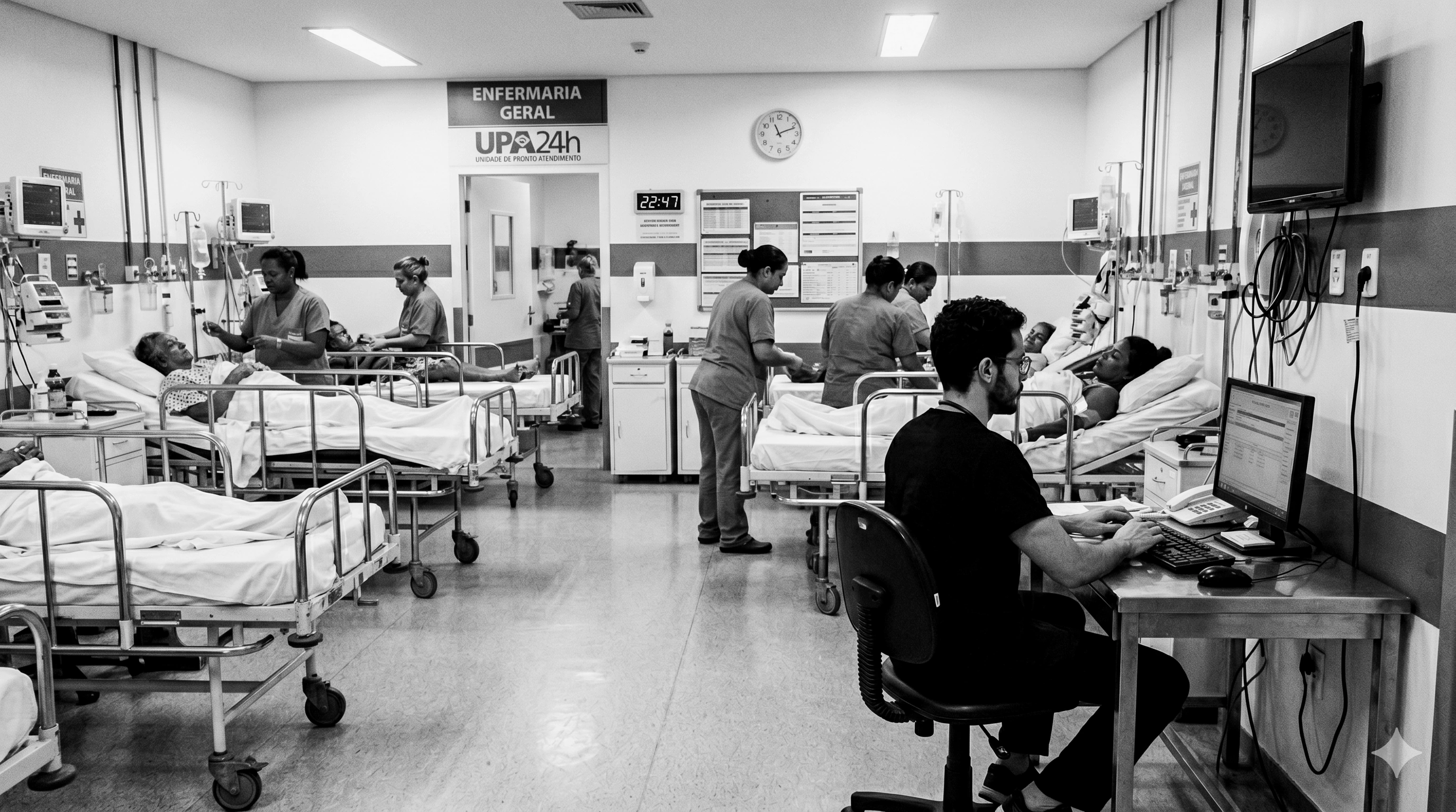 Enfermaria de UPA com equipe em atendimento e monitorização clínica