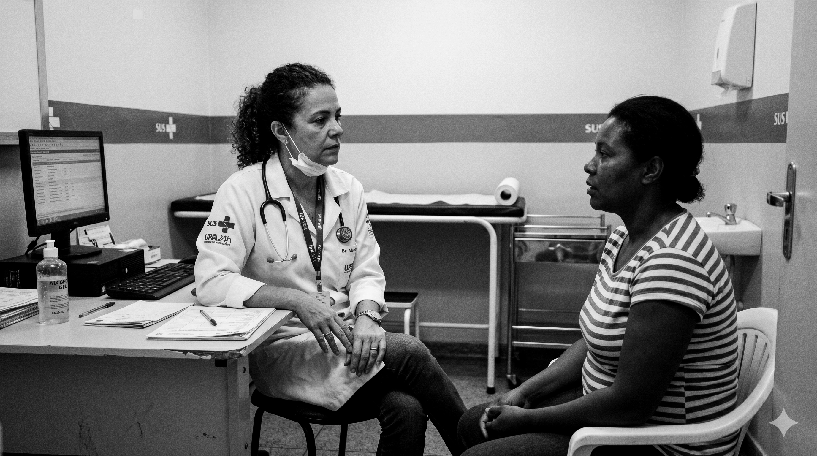 Médica em consultório de UPA atendendo paciente em ambiente de urgência brasileiro