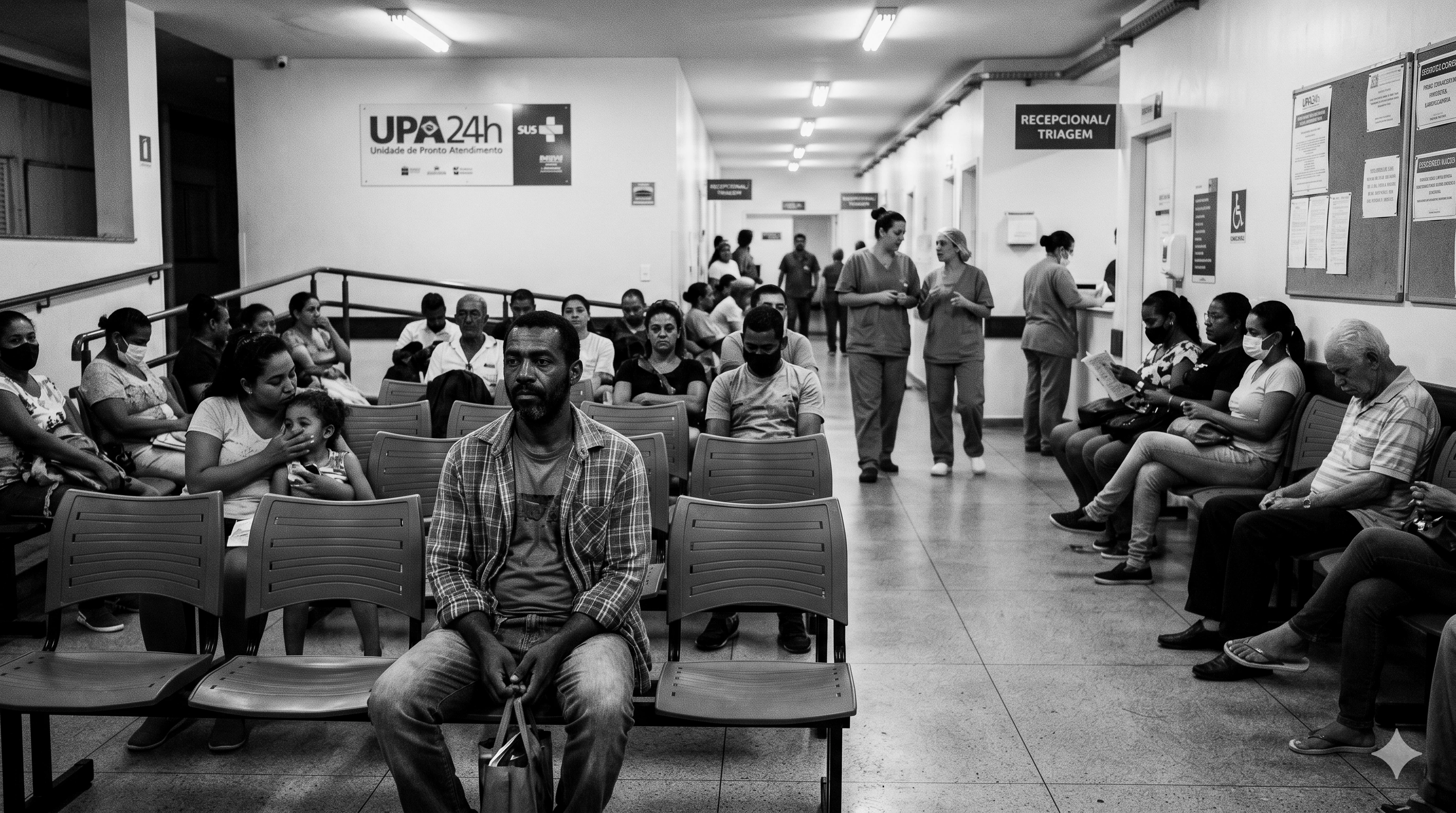 Sala de espera de UPA 24h com pacientes aguardando atendimento